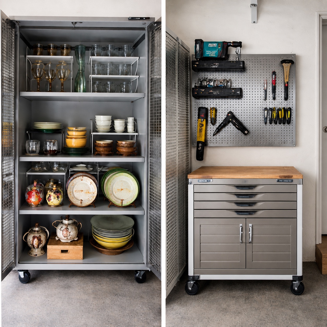 Organized garage storage and serving cabinet